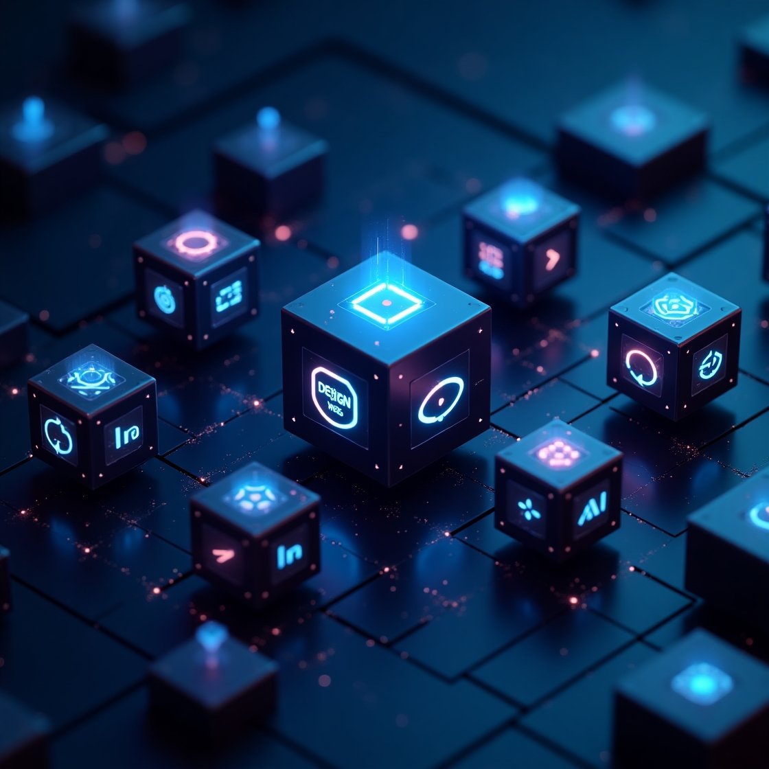 Flux_Dev_Futuristic_floating_cubes_each_glowing_with_a_service_0